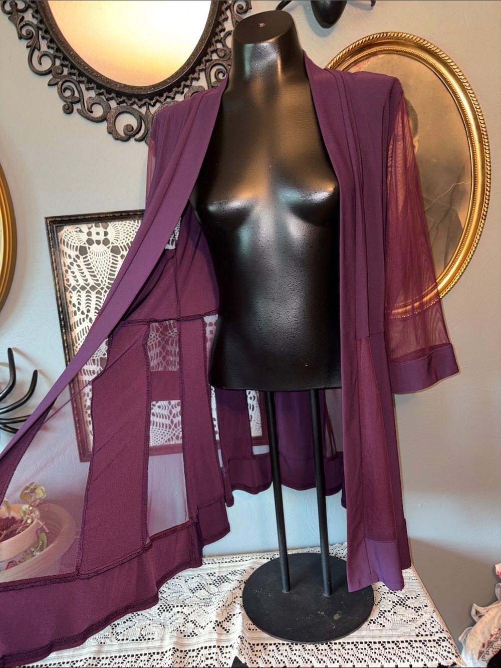 R&M Richards Sheer Open-Front Kimono Jacket - Plum